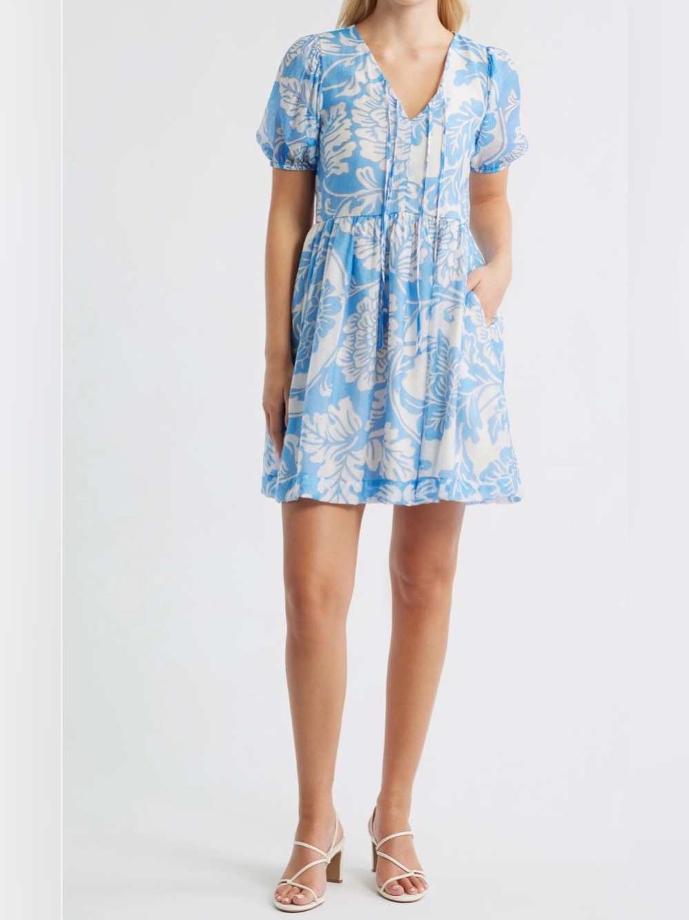 NWT Halogen Blue & White Floral Puff Sleeve Mini Dress Size M